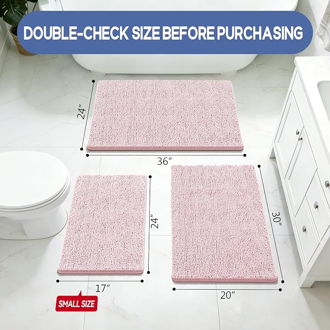 Bcoimo Small Bath Rug Mat,24x17 Chenille Non Slip Pink Bathroom Shower Mat | Extra Soft Bathroom Rugs;Non Slip with Rubber Backing Bath Mats;High Absorbent And Quick Dry Microfiber mat; Machine Washable