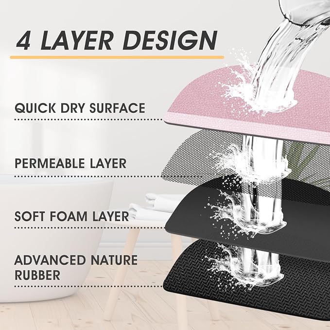 Non Slip Bath Mat, Thin Bathroom Rugs Fit Under Door, Quick Dry Bath Mats, Machine Washable Bath Rugs for Bathroom, Bathtub & Kitchen, Bathtub & Kitchen, Pink/Bordered/24 x17