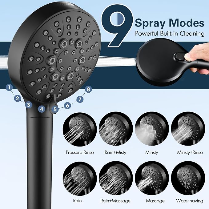 BRIGHT SHOWERS Filtered Shower Head with Handheld, High Pressure 9 Spray Mode Showerhead with Long Hose and Bracket, Water Softener Filters Beads for Hard Water - Removes Chlorine, Matte Black