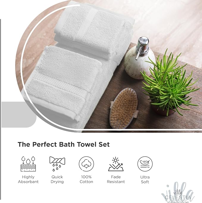 Villa Celestia 24-Piece 100% Cotton Towel Set, 6 Bath Towels, 6 Hand Towels, 12 Wash Cloth, Quick-Dry, White