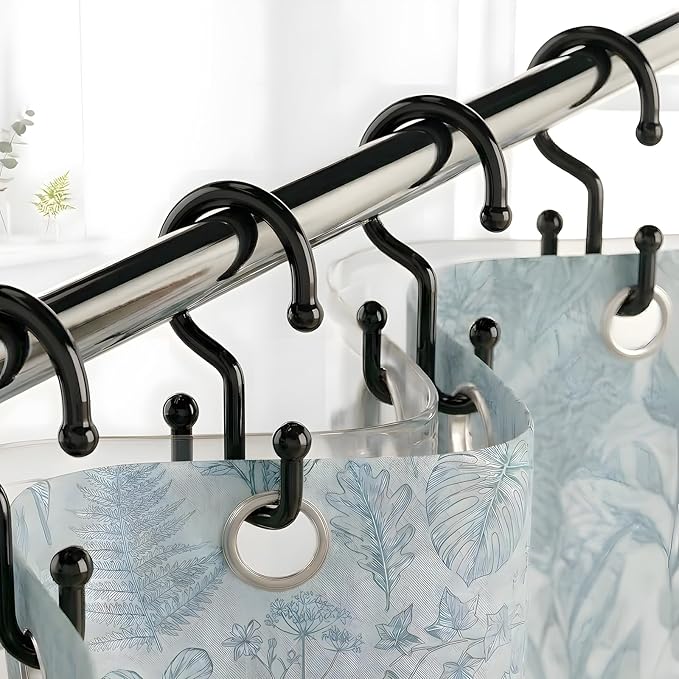 Bathway Black Plastic Double Shower Curtain Hooks, 12 Shower Curtain Rings | Hang Both Shower Curtain & Liner, Waterproof, Rust-proof, Sturdy, Durable, Flexible, Multifunctional, Universal, Easy to Use