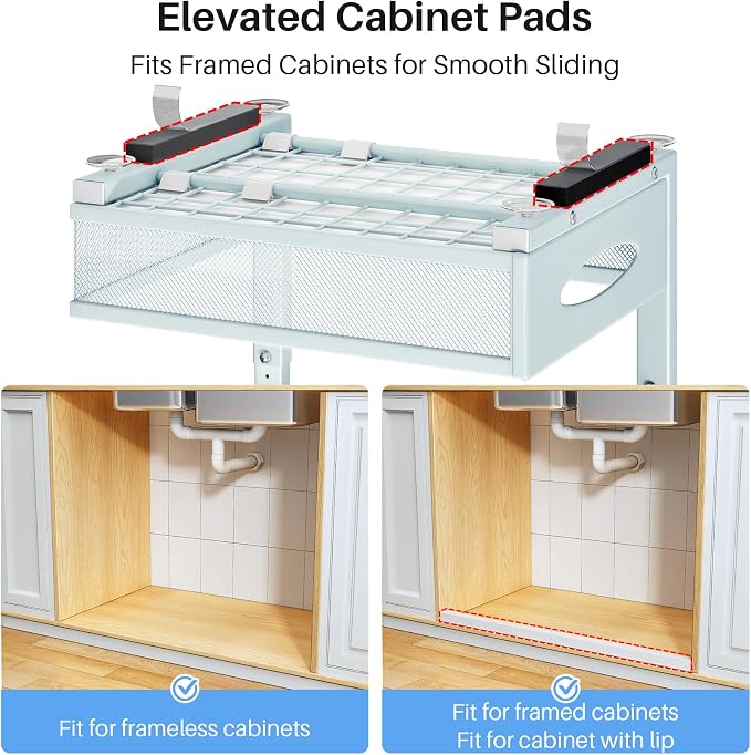 Under Sink Organizer, 2 Pack 2 Tier Pull Out Under Cabinet Organizer Shelf with Pad for Framed Cabinets, Metal Slide Out Under Sink Storage, Mesh Sliding Drawers for Kitchen Bathroom Laundry, Blue