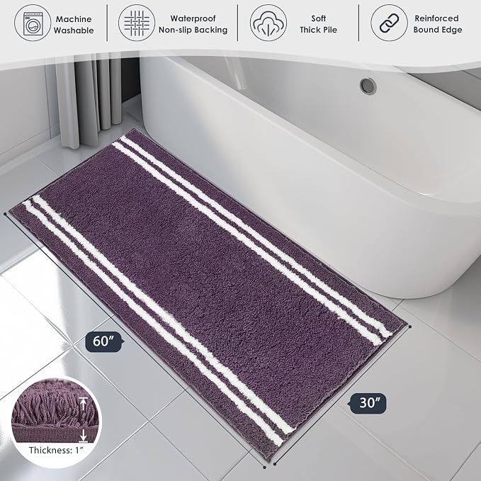 PURRUGS Bathroom Rug, Bath Mat, 30" x 60", Purple | Machine Washable, Non-Slip, Waterproof TPR Backing, Super Absorbent, Quick Dry, Bath Rug for Shower, Bathtub, and Sink