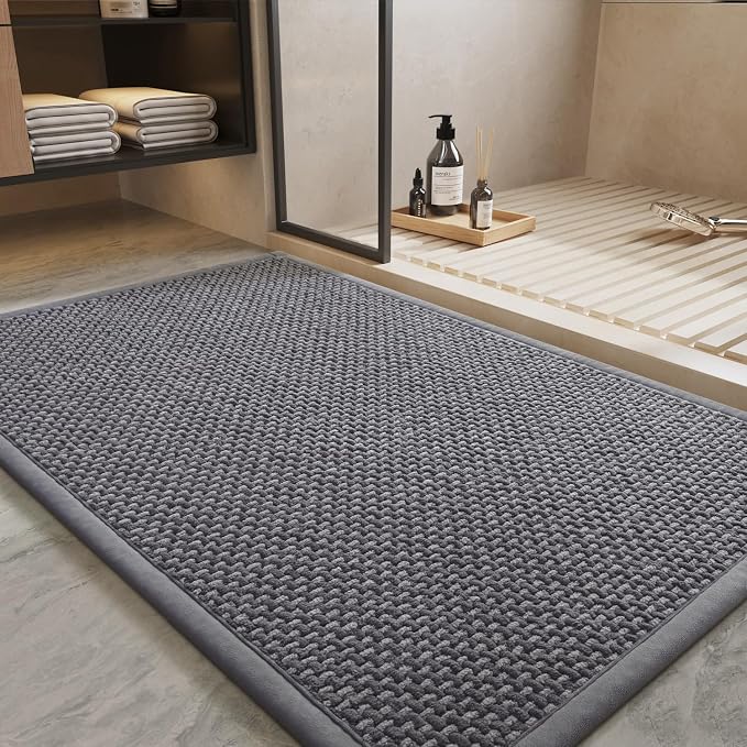 PADOOR-Bath Mat-Super Absorbent Chenille Bathroom Mats-Rubber Backed Bath Mats for Bathroom Non Slip, Easy Clean Bathroom Rugs Front of Bathtub,Shower Room,Sink-24×36, Grey&Darkgrey