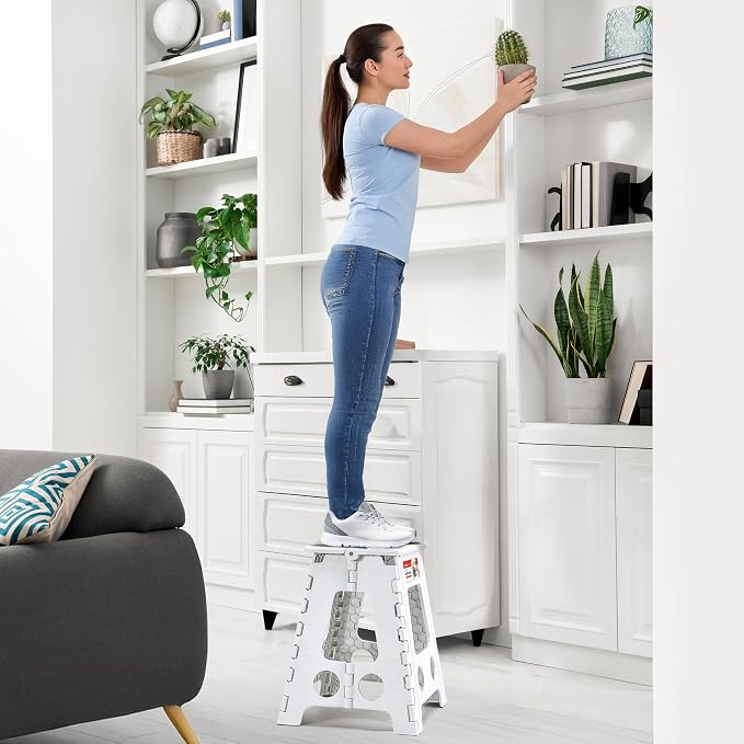 16 Inch Folding Step Stool, Heavy Duty, 400 lbs, White | Lightweight Collapsible Stepping Stool for Adults with Handle, Non-Slip, for Kitchen, Bathroom, Bedroom and Outdoor Use