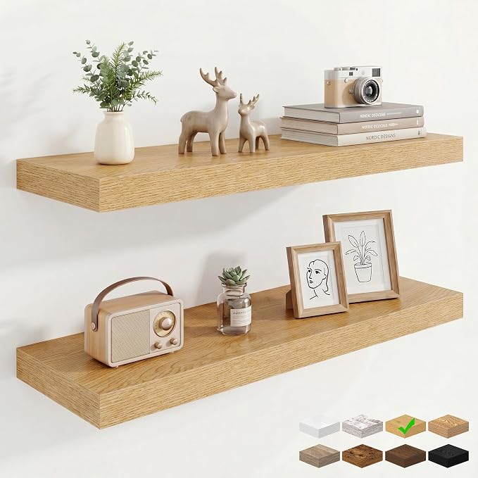 Marsmiles 9.25in Depth 30in Floating Shelves, 30x9.25x1.4, Oak, Set of 2 | Wall Mounted Engineered Wood Shelves, Invisible Brackets for Living Room, Bedroom, Bathroom, Kitchen Decor and Storage