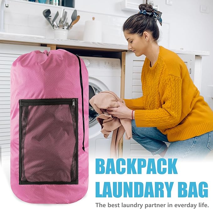 Olosar Laundry Bag Backpack, Extra Large Travel Laundry Bag with Mesh Pocket & Adjustable Shoulder Straps,Dirty Clothes Travel Bag for College Students Dorm,Apartment(Pink)