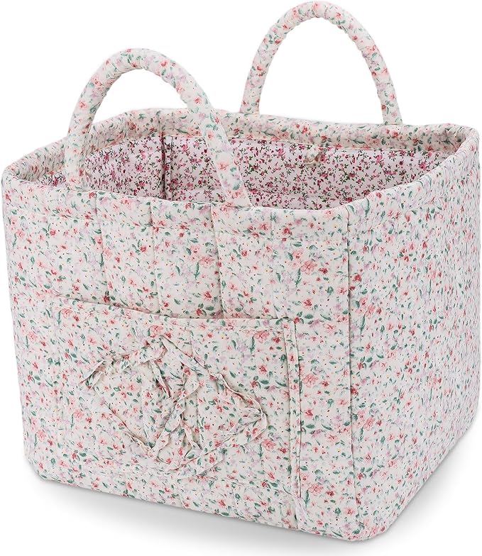 Storage Basket Boho Fabric Large Collapsible Floral Laundry Nursery Hamper Portable Folding Storage for Clothes Toys (Green Floral)