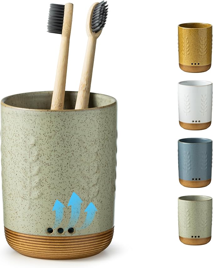 LYEOBOH Toothbrush Cup, Toothbrush Holder, Toothbrush Holder for Bathroom | Ceramic Single Toothbrush Holder, Tooth Brush Organizer with Drainage, Multi-use Toothbrush Storage for Family & Kids, Green