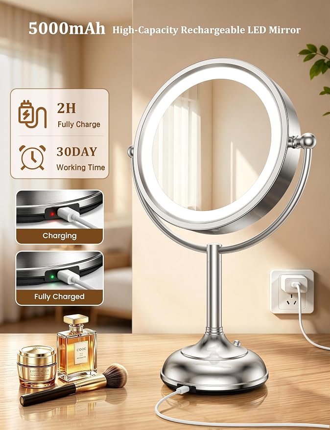 2026 Upgraded 20X lighted makeup mirror with magnification, 9" 1X10X Magnifying Mirror with 3 Color Modes & Adjustable Brightness, 5000mAh Rechargeable Vanity Mirror, 360° Swivel, Nickel, Gifts
