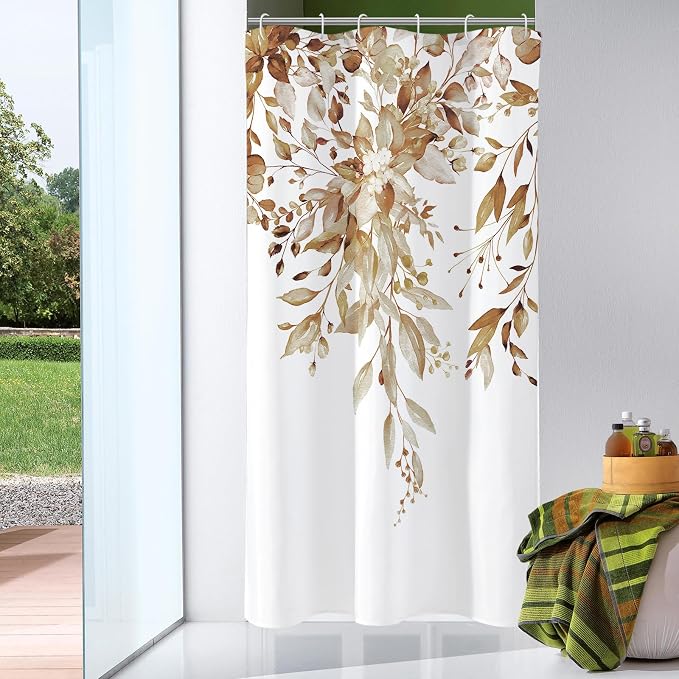 Brown Eucalyptus Shower Curtain, Watercolor Floral Print, 60x72 | Watercolor Plant Leaves Floral Print, Stall Waterproof Fabric Bathroom Decor, Machine Washable, Rustproof Grommets