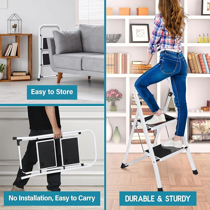 ZENY 2 Step Ladder Folding Step Stool with Wide Anti-Slip Pedal, Convenient Handgrip, Portable Steel Step Stool, Sturdy Steel Ladder for Household and Office