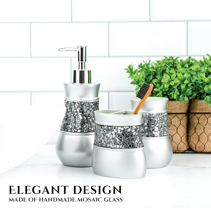 Creative Scents Crackled Glass 6 Pc. Silver Resin Bathroom Accessories Set | Includes Trash can, Tissue Box Cover, Soap Dispenser, Toothbrush Holder, Tumbler Cup & Soap Dish