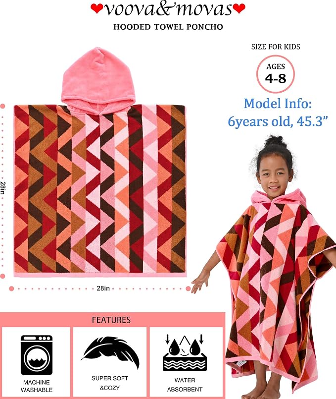 VOOVA & MOVAS Kids Towel Poncho, 4-8 Years, 100% Cotton, Thick, Red | 500GSM Dense Fabric, Solid Jacquard Weave, Soft, Absorbent & Quick Dry, Great for Bathroom and Pool