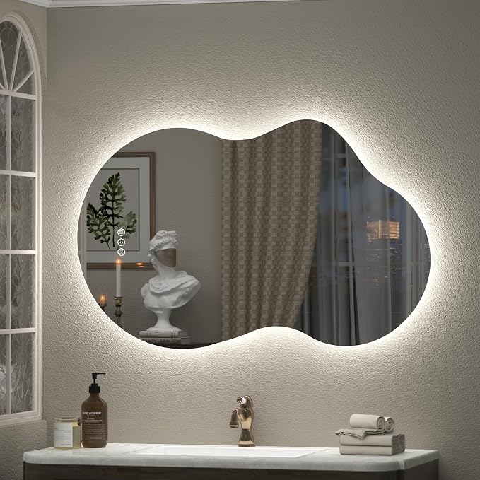 24x36 Inch Irregular Backlit LED Lighted Vanity Mirror with Lights | Asymmetrical LED Bathroom Mirror for Wall, Anti-Fog, Dimmable, 3 Colors, Cloud-Shape, Memory, UL (Horizontal/Vertical)