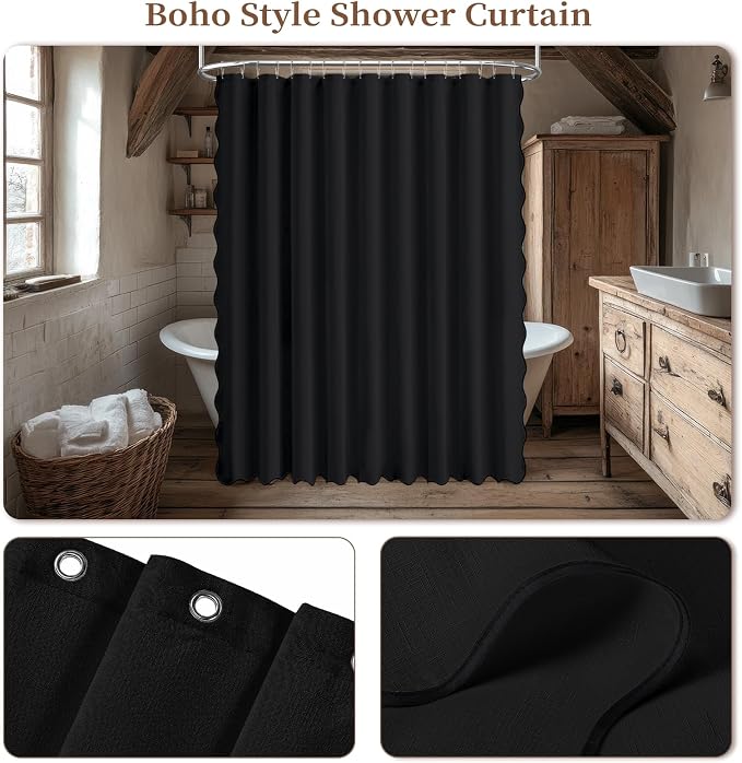108x72 Boho Scalloped Linen Textured Cloth Shower Curtain Set, Black | Extra Wide Size, 230GSM Waterproof Polyester, Heavy Duty Fabric, 18 Plastic Hooks, Modern Farmhouse Style, Machine Washable