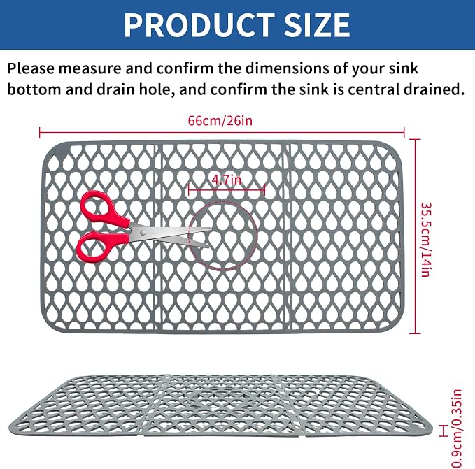 Silicone Sink Protector for Kitchen - 26''x 14'' Folding Non-slip Kitchen Sinks Mat Grid with Center Drain, Heat Resistant Sink Liner for Farmhouse Stainless Steel Porcelain Sink
