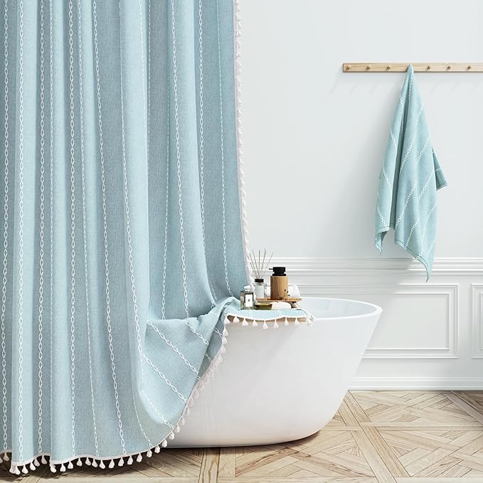72x84 Long Boho Farmhouse Linen Heavy Duty Shower Curtain, Fog Blue | Tall Size, 330GSM Linen Blend, Water Repellent, Vintage Striped Fabric, 12 Plastic Hooks, Rustic Country, Machine Washable
