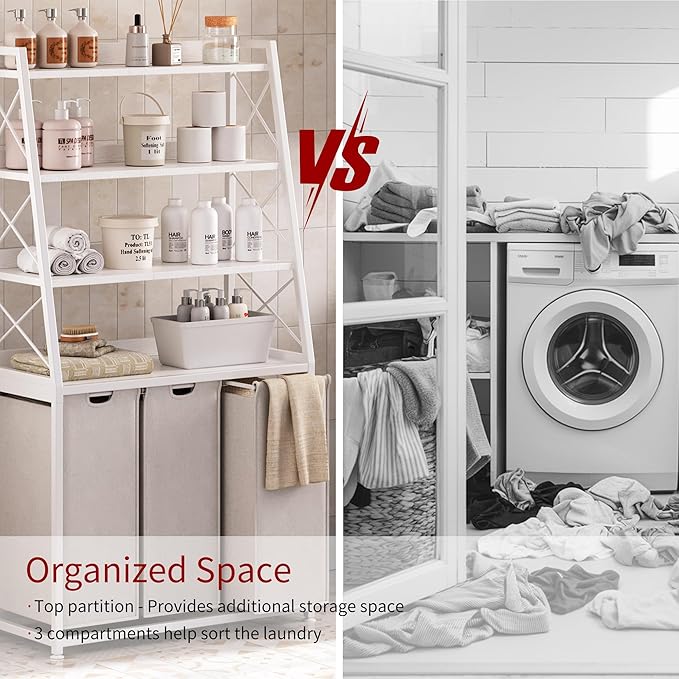 Herture 3 Section Laundry Hamper Laundry Basket with 4 Tiers Shelf | Laundry Sorter with Pull-Out Removable Large Bags, 4 x 15.87 Gallons, Metal Frame, for Laundry Room Bathroom, White PF05XLW