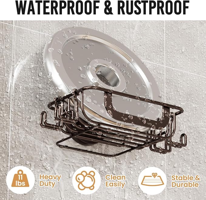 Bar Soap Holder with Hooks, Suction Cup Soap Dish Stainless Steel | Soap Holder Shower Wall Mounted, Soap and Razor Holder for Shower, Rustproof for Bathroom, Sponge Holder Saver, Brown