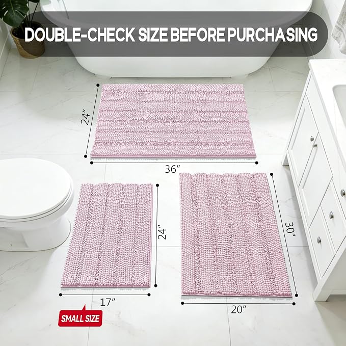 Bcoimo Bath Rug Mat,30x20 Chenille Non Slip Pink Bathroom Floor Shower Mats | Extra Soft Bathroom Rugs;Non Slip with Rubber Backing Bath Mats;High Absorbent And Quick Dry Microfiber mat; Machine Washable