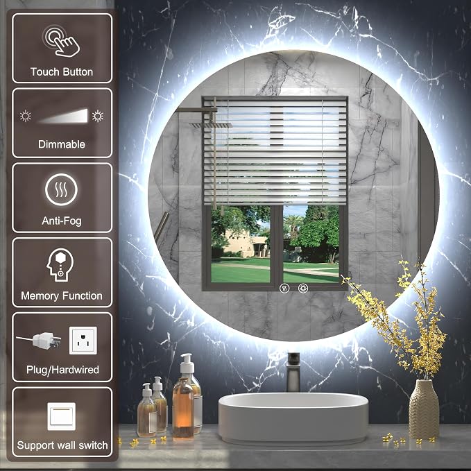 28 Inch Backlit Round LED Bathroom Mirror with Anti-Fog | 3 Color Temperatures(3000K/4500K/6000K), Stepless Dimming, Frameless 5mm HD Glass, Memory Function, ETL Cert‌