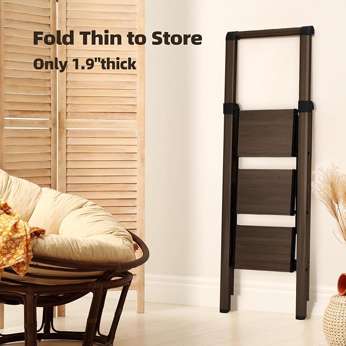 HillhutApex Aluminum 3 Step Ladder, Step Stool Foldable Ladder(Walnut) | Stepladder with Handgrip,Anti-Slip Pedals,330lbs Capacity,Lightweight Folding Ladder for Home,Office,Libaray