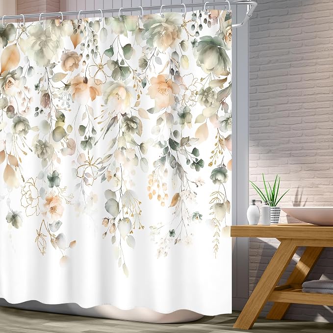 Green Yellow Floral Summer Watercolor Sage Bathroom Shower Curtain Set | 72"W x 72"L Flower Eucalyptus look, waterproof HD printed shower curtain, quick-dry fabric and free hooks.
