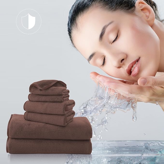 TENSTARS Luxury Silk Hemming Towel Set - Light Thin Quick Drying - 2 Bath Towels 2 Hand Towels 2 Washcloths - Ultra Soft Microfiber Towel for Bath Fitness, Sports, Yoga, Travel (Wood Brown 6 Pieces)