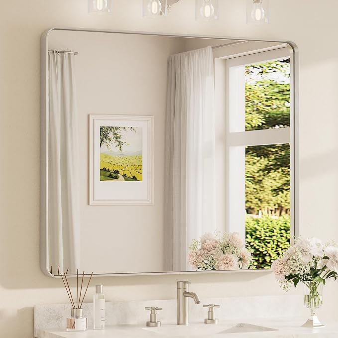 Brushed Nickel Bathroom Mirror 42 x 36 Inch for Vanity Metal Framed Mirror Modern Farmhouse for Living Room Entryway(Horizontal/Vertical)