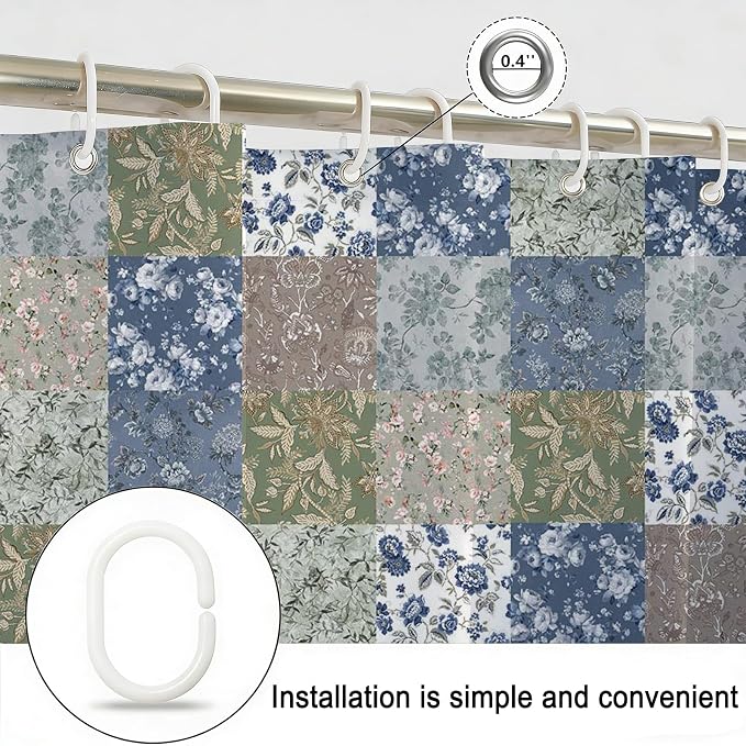 Shower Curtains for Bathroom, Boho Shower Curtain, Vintage Blue Boho Floral Bathroom Decor Bath Curtain, Mid Century Waterproof Retro Farmhouse Patchwork Floral Shower Curtain, 72 X 72 Inches