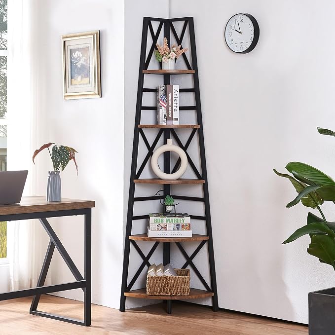 5 Tier Corner Shelf,72 Inch Tall Corner Bookshelf,Rustic Brown | Sturdy Corner shelf Standing,Industrial design,Easy assembly,Suitable for living room,Office,Corner Space