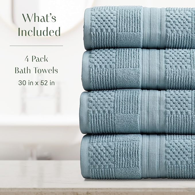 100% Cotton Bath Towel Set | 4-Pack | Textured | Arona Blue | Luxury Geometric Design | Absorbent & Quick-Dry Bathroom Towels | Textured and Durable Cotton Towels for Bathroom | OEKO-TEX