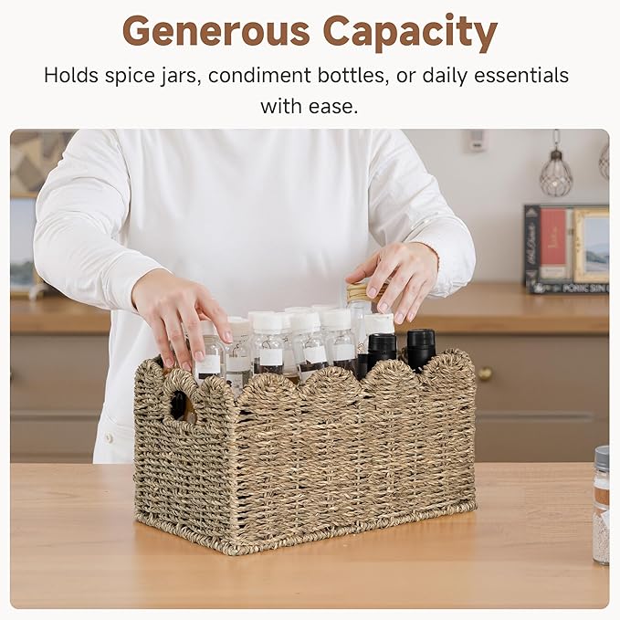 StorageWorks Wicker Storage Baskets for Shelves, Woven Basket for Nursery | Scalloped Wicker Basket for Living Room, Decorative Scalloped Baskets for Storage, Wicker Baskets for Organizing and Decor