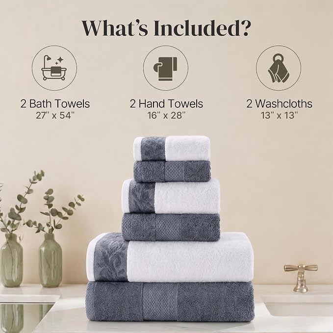 Modern Threads 600 GSM 6-Piece Towel Set with Filgree Jacquard Border Blue