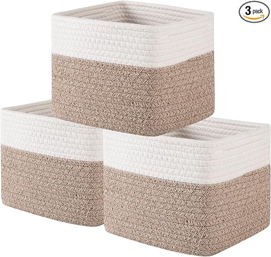 OIAHOMY 9”x9”x7” Storage Cubes, Cotton Rope Woven Baskets for Organizing, Cube Storage Bin, Small Gift Basket for Shelf, 3-Pack, Brown&White