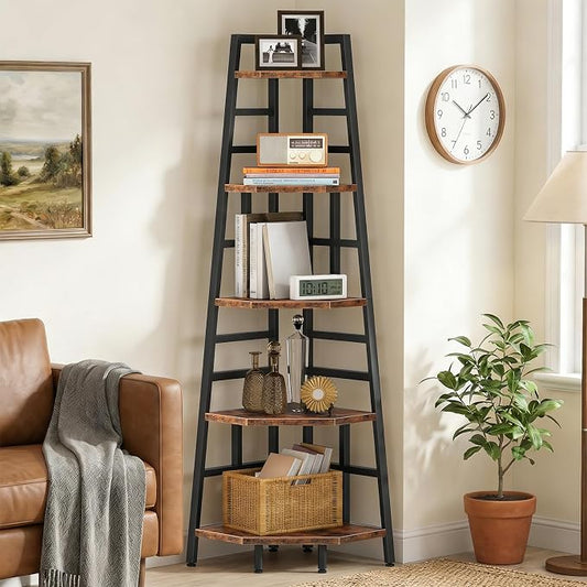 70.1-Inch 5-Tier Tall Corner Shelf, Narrow Bookshelf for Small Spaces, Industrial Bookcase Display Stand for Living Room, Bedroom, Office, Rustic Brown TCJ25BF