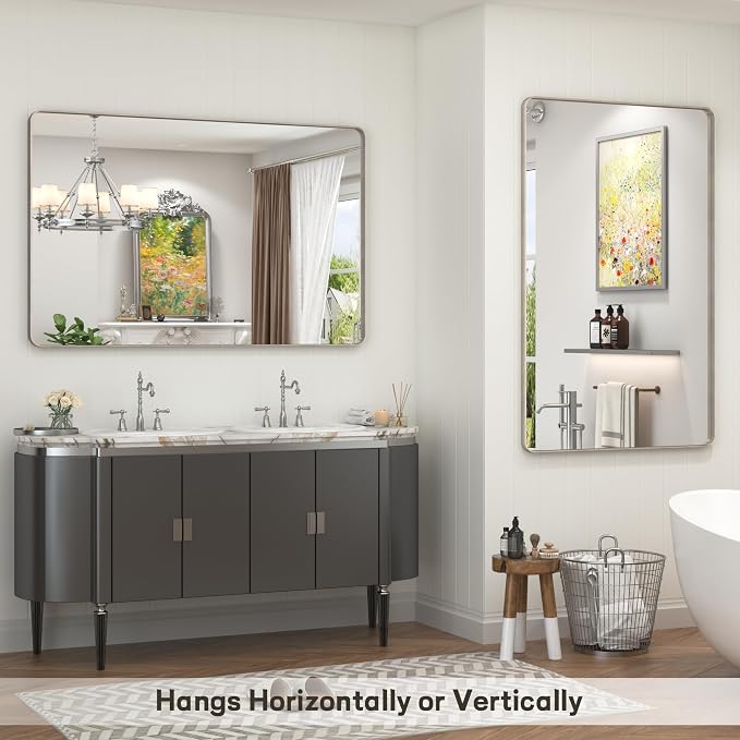60x28 Inch Brushed Nickel Bathroom Mirror, Large Brushed Silver Metal Framed Wall Mirror, Rounded Corner Rectangle Modern Vanity Mirror, Tempered Glass, Anti-Rust, Shatterproof (Horizontal/Vertical) | Silver Metal Framed Wall Mirror, Rounded Rectangle ...