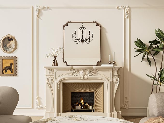 Antique Gold Brass Rectangle Mirror for Mantle Fireplace 30 x 36 Baroque Vintage Ornate Scroll Wall Mirror with Metal Frame for Traditional Victorian French Decor, Horizontal/Vertical