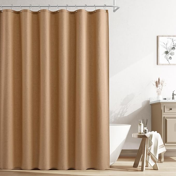 Camel Linen Shower Curtain, Country Boho Farmhouse Bath Decor Shower Curtains Neutral Cloth Weighted Textured Fabric Bath Curtain Liner with Hooks, 72x72
