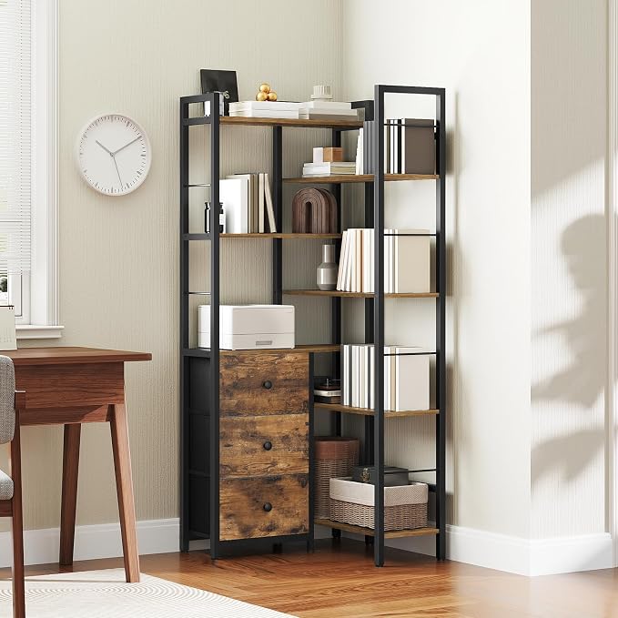 Corner Bookshelf, 7 Tier L-Shaped Bookcase with 3 Drawers, Storage Corner Shelf, Freestanding Tall Display Shelf, Industrial Style, for Living Room, Home Office, Rustic Brown and Black SJ10BR