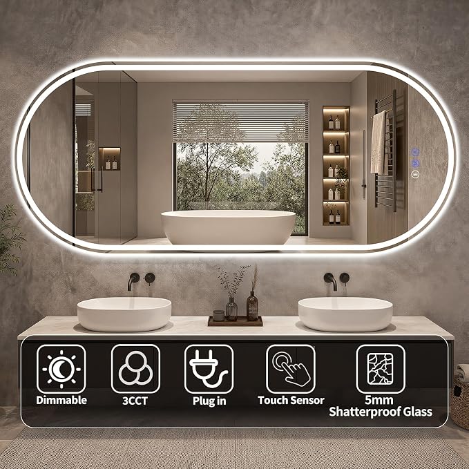 Oval LED Bathroom Mirror, 34"x 76" Led Full Length Mirror | Frameless Large LED Mirror with Front Light & Backlit, Anti-Fog, Dimmable Wall Mounted Lighted Mirror, Smart Bathroom Mirror