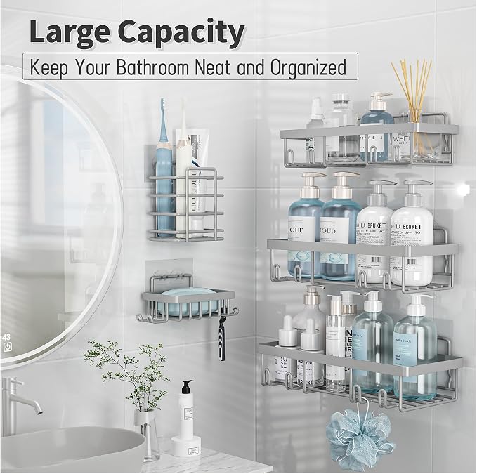 Liuoud 5 Pack Shower Caddy for Inside shower, Grey Bathroom Storage Decor | Large Rustproof Stainless Steel Organizer with Strong Adhesive, No Drilling Wall Mounted Shelves, Bathroom Accessory Set