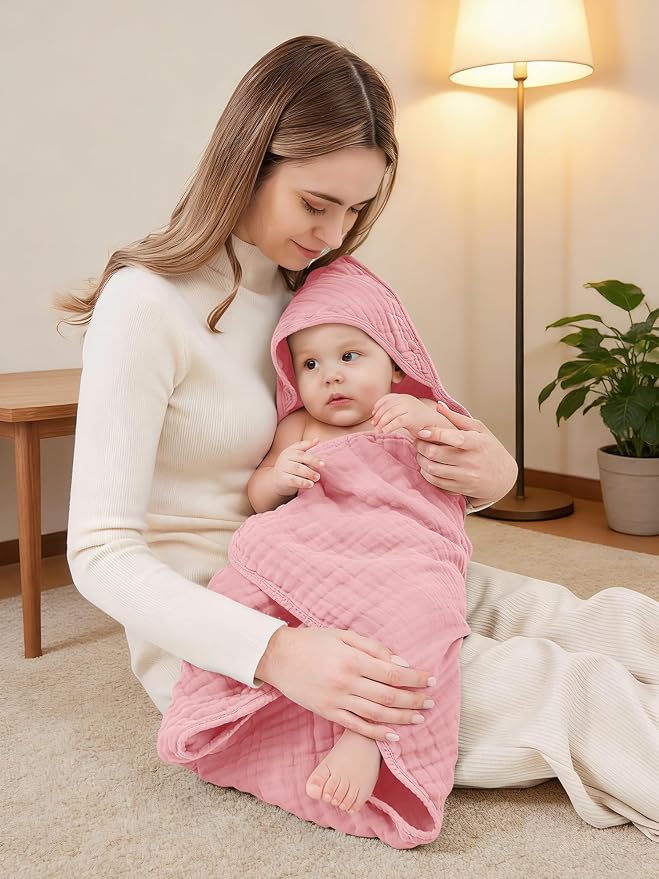 Muslin Hooded Baby Bath Towels - 3 Pack 100% Cotton Ultra-Soft Towels for Newborns, Infants, Toddlers - 32x32 Inch - Highly Absorbent, Quick-Dry Essentials for Bath Time, Beach, Pool, Sakura Series