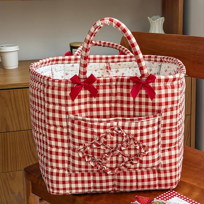 Storage Basket Boho Fabric Large Collapsible Floral Laundry Nursery Hamper Portable Folding Storage for Clothes Toys (Red Plaid)