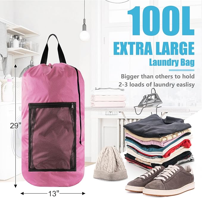 Olosar Laundry Bag Backpack, Extra Large Travel Laundry Bag with Mesh Pocket & Adjustable Shoulder Straps,Dirty Clothes Travel Bag for College Students Dorm,Apartment(Pink)
