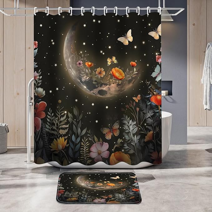 LQCOOL Shower Curtain Set 4 Pcs Black Moon Bathroom Sets with Shower Curtain and Rugs Bathroom Decor Set with 12 Hooks