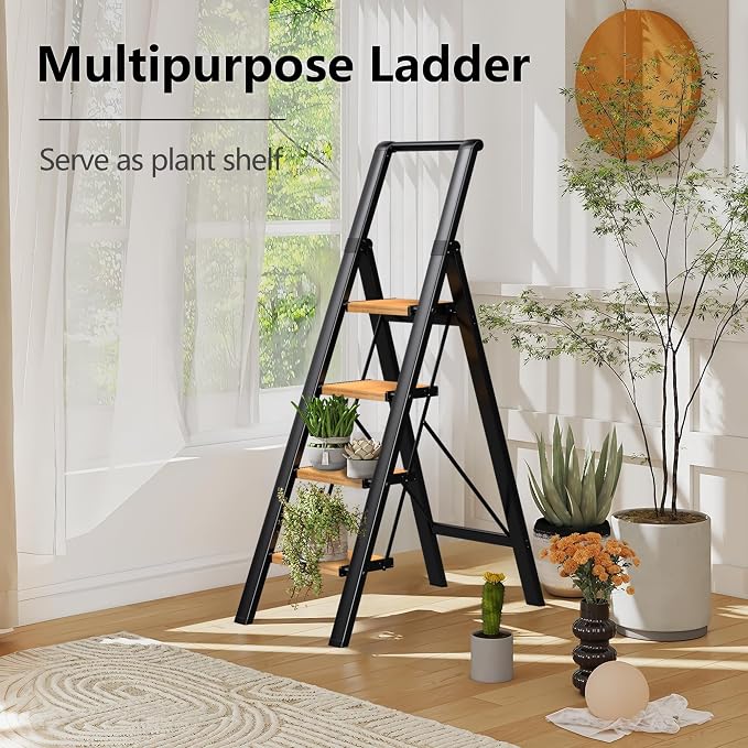 4 Step Ladder, Lightweight Folding Step Stool, Black+Woodgrain | Reach 8ft;Anti-Slip 7.9'' Wide Pedal;Portable Handrail;Space-Saving;For Kitchen, Home, Library, Office Use;300lbs Capacity