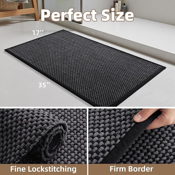 PADOOR-Bath Mat-Super Absorbent Chenille Bathroom Mats-Rubber Backed Bath Mats for Bathroom Non Slip, Easy Clean Bathroom Rugs Front of Bathtub,Shower Room,Sink-17×35, Darkgrey&Black