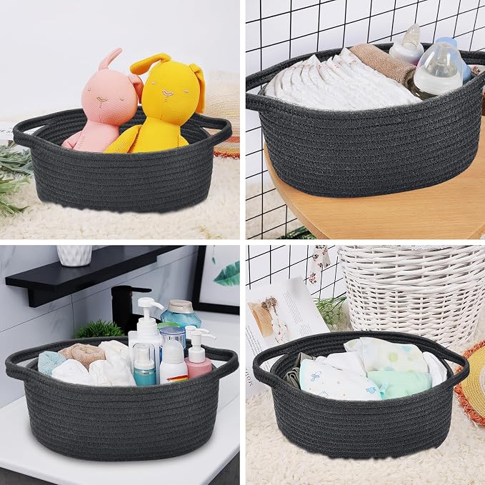 ABenkle Small Basket Empty Gift Basket, Decorative Boho Rope Woven Nursery Storage Organizer Dog Toy Baskets for Baby Showers Christmas Easter with Gift Bags and Ribbons, 12"X 8" X 5"